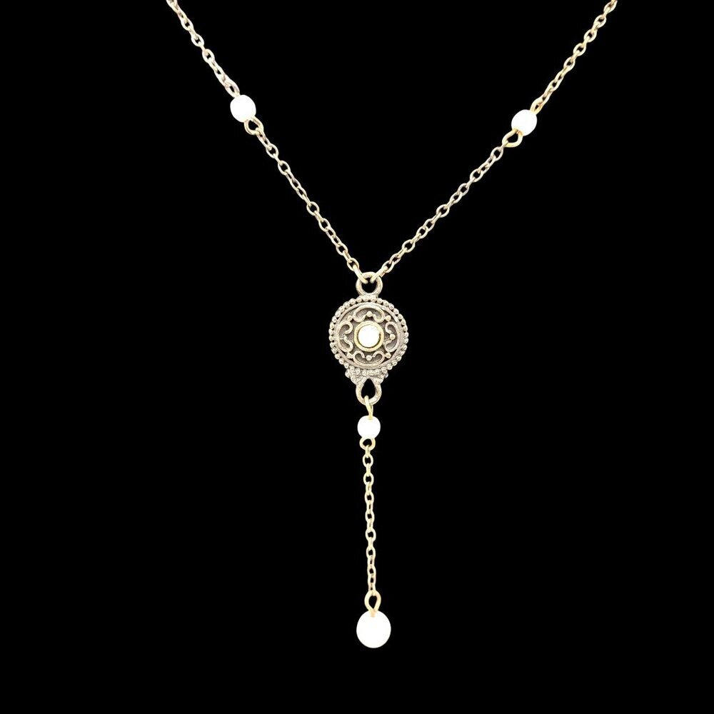 Vintage-Style Bronze Necklace Pink Pearl Accents & Ornate Central Pendant 16"